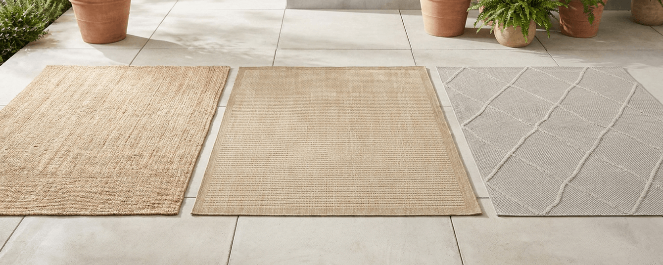 Venkovní koberce Bouclé Jute, Giza a Patara na terase